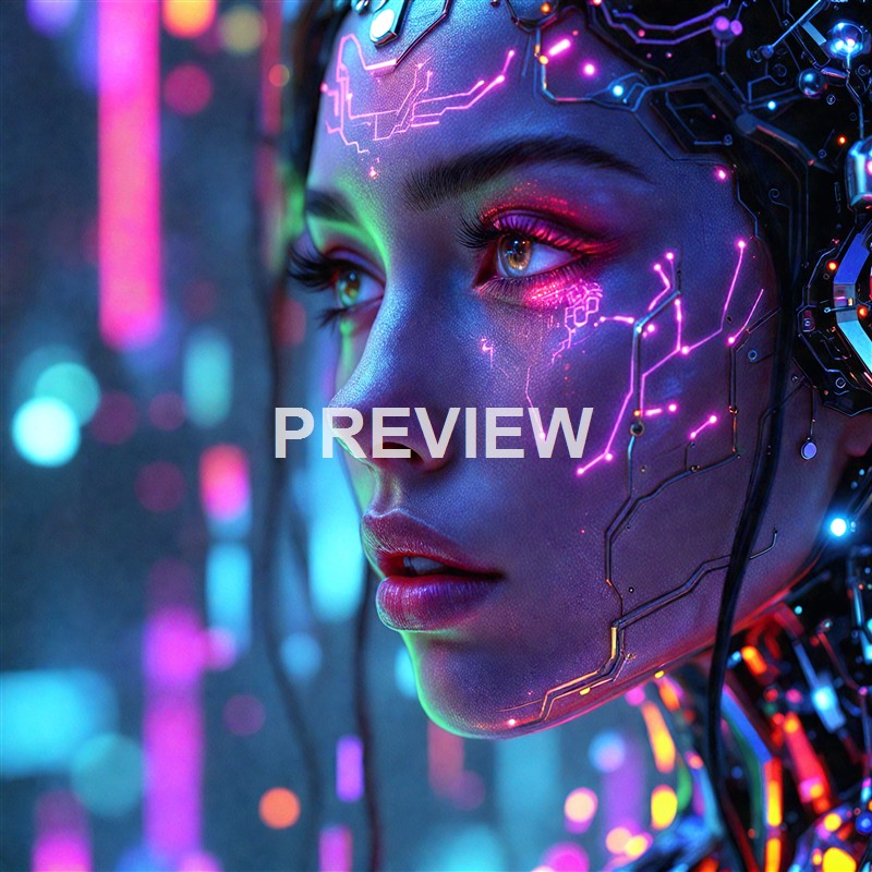 A close-up of a human face with cybernetic enhancements and glowing neon circuitry integrated into the skin and hair, set against a vibrant, bokeh-lit background.